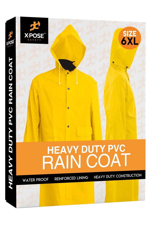 Heavy Duty Yellow Rain Coat .35mm PVC 48in Raincoat Jacket with Detachable Hood - Waterproof Slicker - Storm Weather, Raining, Fishing, Wet Work Conditions - 6XL - by Xpose Safety