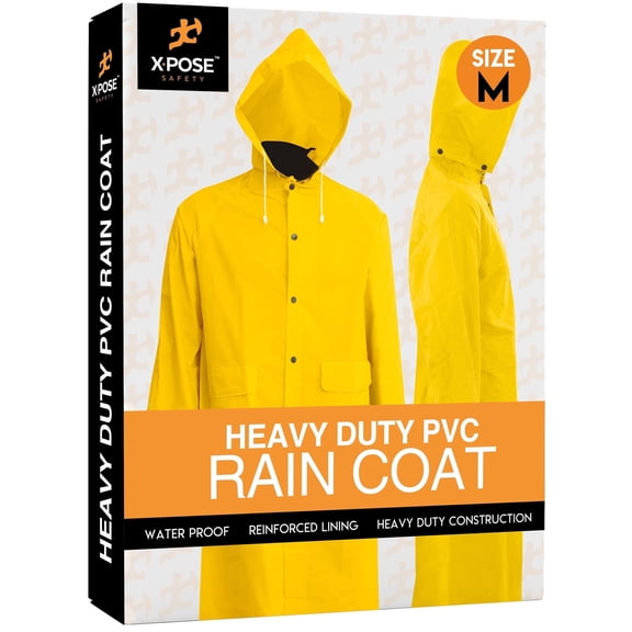 Heavy Duty Yellow Rain Coat – .35mm PVC 48in Raincoat Jacket with Detachable Hood - Waterproof Slicker - Storm Weather, Raining, Fishing, Wet Work Conditions - Medium- by Xpose Safety