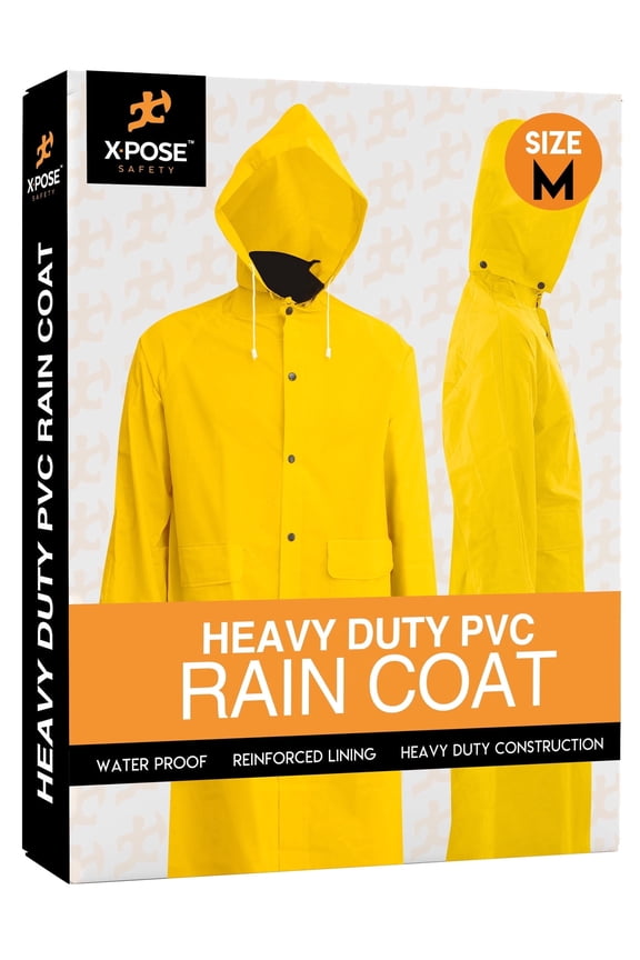 Heavy Duty Yellow Rain Coat  .35mm PVC 48in Raincoat Jacket with Detachable Hood - Waterproof Slicker - Storm Weather, Raining, Fishing, Wet Work Conditions - Medium- by Xpose Safety