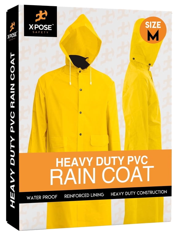 Heavy Duty Yellow Rain Coat – .35mm PVC 48in Raincoat Jacket with Detachable Hood - Waterproof Slicker - Storm Weather, Raining, Fishing, Wet Work Conditions - Medium- by Xpose Safety