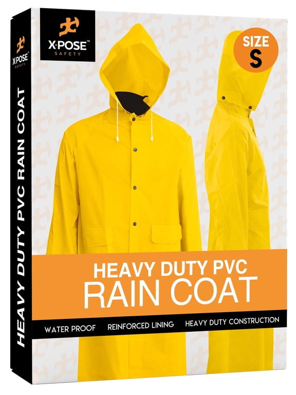 Heavy Duty Yellow Rain Coat – .35mm PVC 48in Raincoat Jacket with Detachable Hood - Waterproof Slicker - Storm Weather, Raining, Fishing, Wet Work Conditions - Small - by Xpose Safety