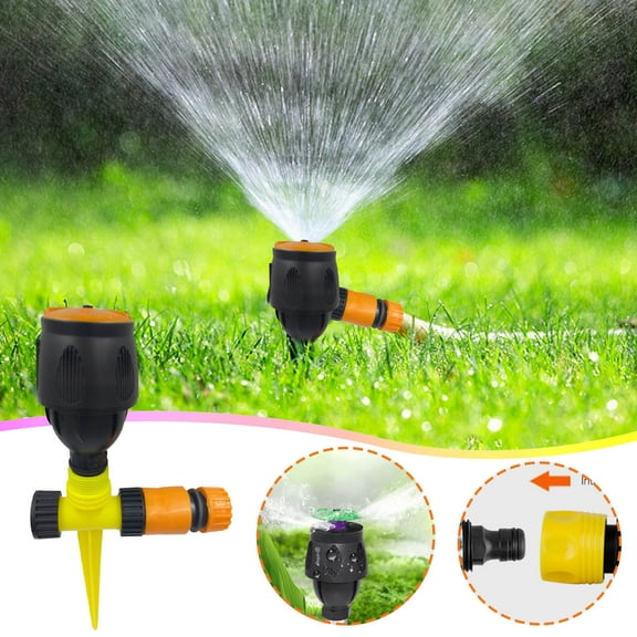 Heavy-Duty Zinc Alloy Garden Sprinkler with Ground Stake - 4-Point Quick Connect Medium Distance 360° Auto Rotating Sprinkler Head, Outdoor Watering Tool for Lawns & Flower Beds, 3.81*0.78in, Yellow