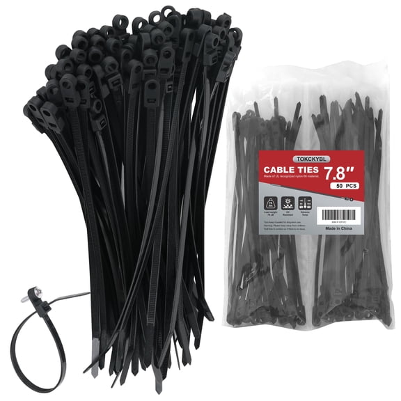 Heavy Duty Zip Ties with Screw Hole, 75lbs Tensile Strength, 7.5 Inch Mountable Cable Ties for Indoor & Outdoor Use, 50PCS Black Nylon Universal Cable Tie Buckle