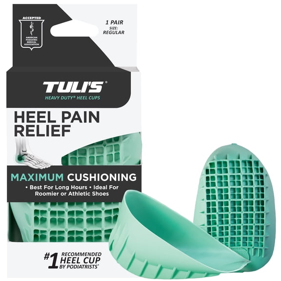 Tuli's Heavy Duty Heel Cups, Shock-Absorbing Cushion Insert for Plantar Fasciitis, Sever’s Disease, and Heel Pain, Green, 1 Pair, Regular Size