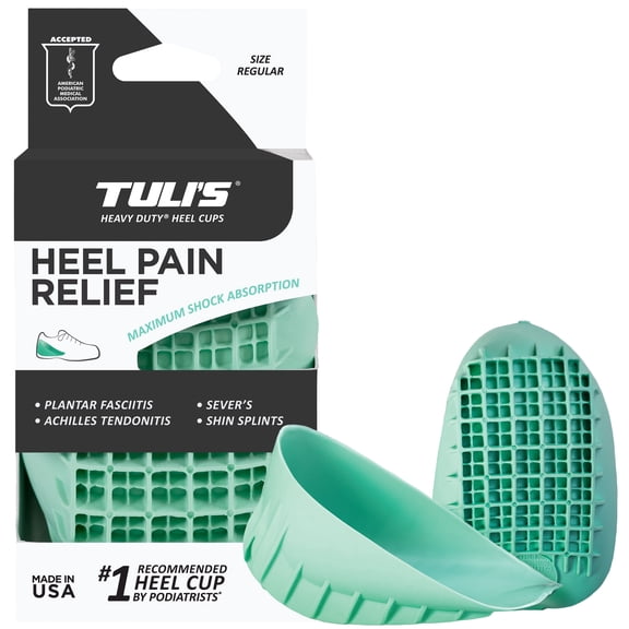 Tuli's Heavy Duty Heel Cups, Shock-Absorbing Cushion Insert for Plantar Fasciitis, Severs Disease, and Heel Pain, Green, Regular Size, 1 Pair