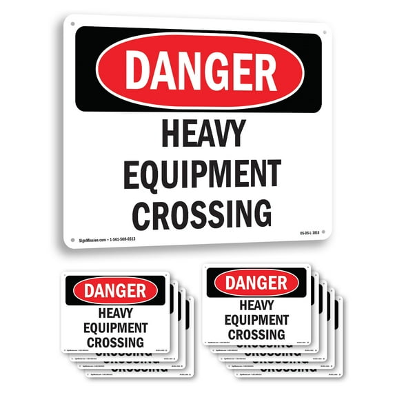 Heavy Equipment Crossing OSHA Danger Rigid Plastic Sign 24 Inch x 18 Inch - 10 Pack