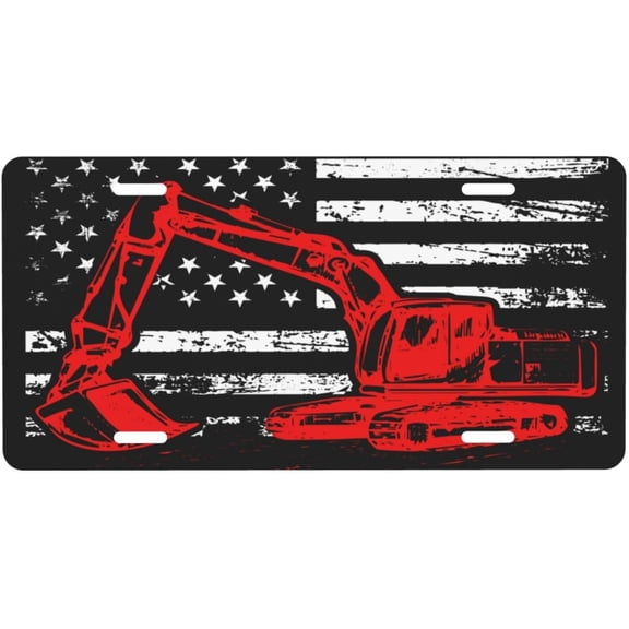 Heavy Equipment Operator Excavator and USA Flag License Plate 6x12 Inch Novelty Aluminum Car Front Vanity Tag Metal Wall Art Car Plate Decoration