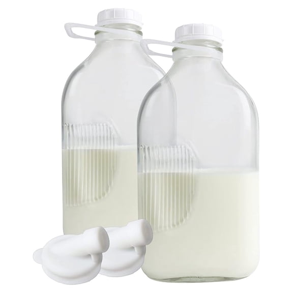 Heavy Glass Milk Bottles - Jugs with Lids and Silicone Pour Spouts - Clear Milk Containers for Fridge - Reusable Glass Milk Jug Dispenser - (64 oz, 2 Pack)