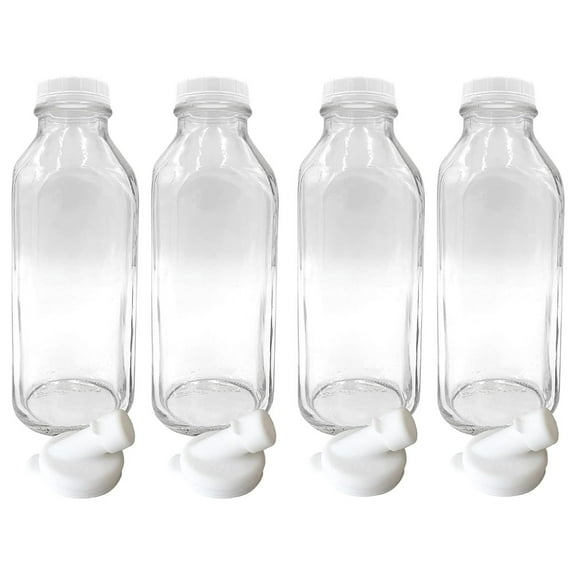 Heavy Glass Milk Bottles - Jugs with Lids and Silicone Pour Spouts - Clear Milk Containers for Fridge - Reusable Glass Milk Jug Dispenser - Made in USA (33.8 oz, 4 Pack)