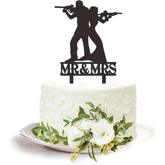 Heavy Gun Wedding Cake Topper - Groom & Bride With Heavy Gun Behind Each Other - Funny Gun Theme Wedding/Anniversary/Bridal Shower Cake Topper, Mr and Mrs Wedding Cake Topper