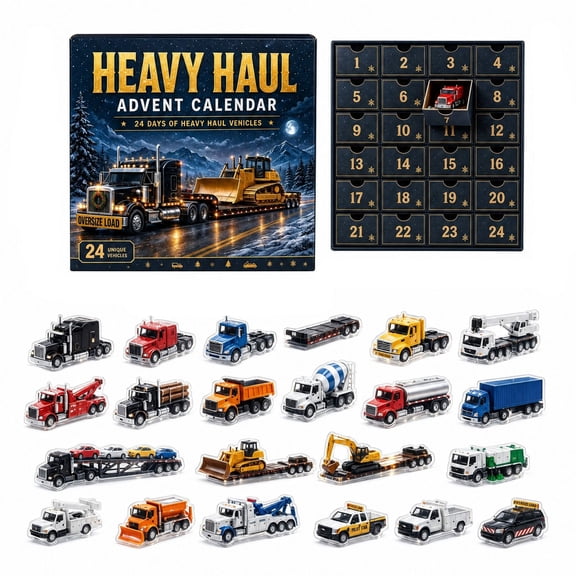 Heavy Haul Advent Calendar 2026, 24 Pieces 2D Acrylic Semi Truck & Hauling Vehicle Ornaments, Xmas Countdown Surprise Box, Holiday Gift for Big Rig Truck Lovers