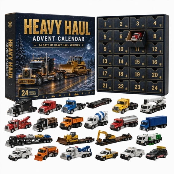 Heavy Haul Advent Calendar, 24 Construction Truck Figures Including Dump Trucks and Cement Mixers, Christmas Toy for Kids