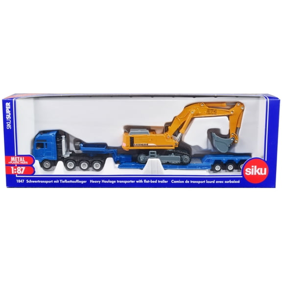 Heavy Haulage Flatbed Transporter Blue and Liebherr 974 Litronic Excavator Yellow 1/87 (HO) Diecast Models by Siku