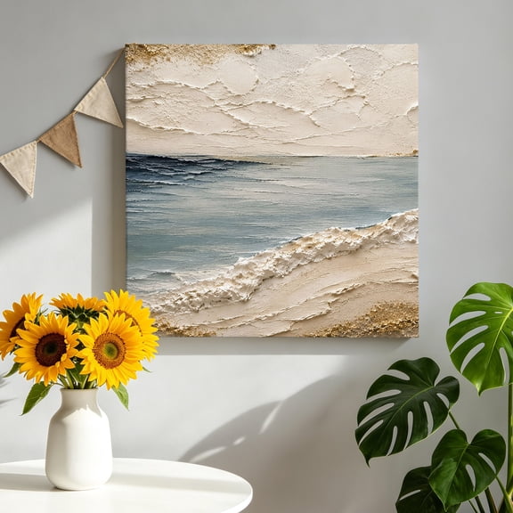 Heavy Impasto Ocean Canvas Wall Art, Coastal Blue Textured Ocean Beige Beach Framed Picture Canvas Wall Art Print Decor Artwork Decorations for Living Room Bedroom Ready to Hang 8" x 8"