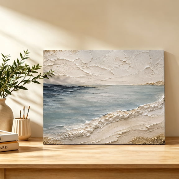 Heavy Impasto Ocean Canvas Wall Art, Coastal Blue Textured Ocean Beige Beach Wall Art Prints Artwork Framed Canvas Ready to Hang Art Pictures for Bathroom Bedroom Entry Desk Corner 10" x 8"