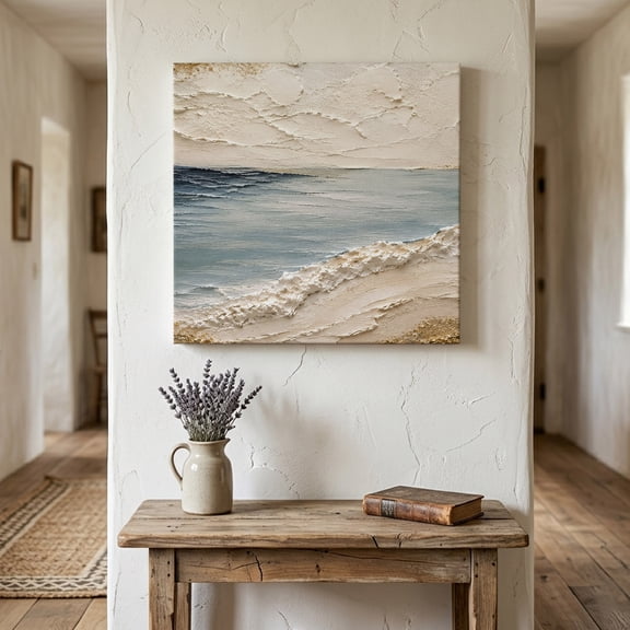 Heavy Impasto Ocean Canvas Wall Art for Living Room Bedroom Bathroom, Coastal Blue Textured Ocean Beige Beach Canvas Art Wall Decor, Artwork for Walls Home Office Decor, 8"x8"