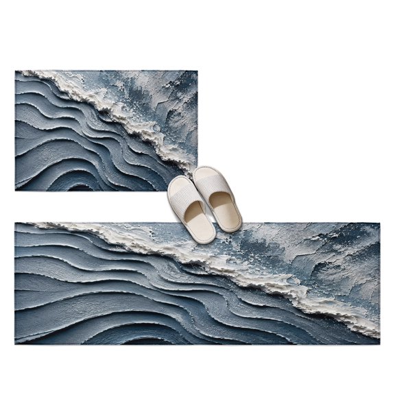 Heavy Impasto Tide 2 Pieces Non-Slip Kitchen Mat Set, Coastal Textured Ocean Blue Crashing Wave Foam Soft Door Mat with Rubber Backing, Dirtproof Rugs for Entrance Doorway, 19.7x31.5in+19.7x47.2in
