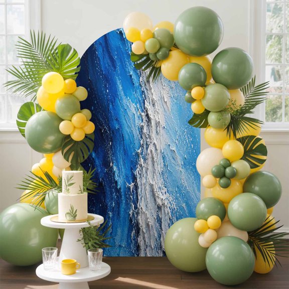 Heavy Impasto Tide Arch Backdrop Cover, 4FT, Coastal Minimalist Blue Ocean Wave Textured Spandex Arch Covers Double-Sided Backdrop for Wedding Birthday Party Photo Background Decoration