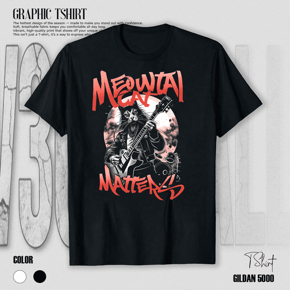 Heavy Meowtal Feline Matters Graphic Bold Rock Cat Vibe Humor Unisex T-Shirt V15433, up to Size 5XL