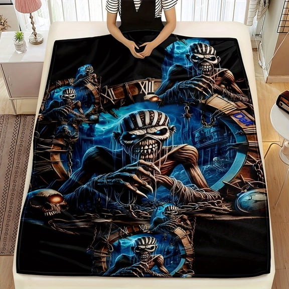 Heavy Metal Skull Secret Language Knitted Polyester Fleece Blanket - Modern Use for All Seasons, Suitable for Bedroom, Sofa, Bed, Car, Travel