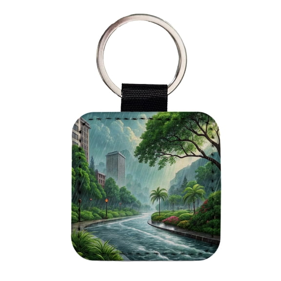 Heavy Monsoon Rain Storm City Landscape Faux Leather Square Keychain