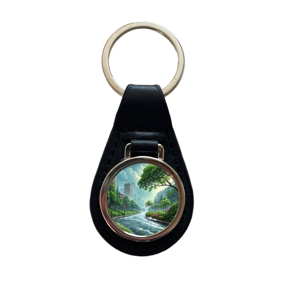 Heavy Monsoon Rain Storm City Landscape Metal Black Leather Keychain