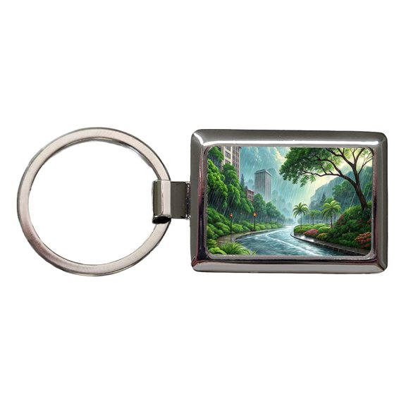 Heavy Monsoon Rain Storm City Landscape Metal Rectangle Keychain