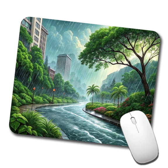 Heavy Monsoon Rain Storm City Landscape Mouse Pad Low Profile Gaming Mat