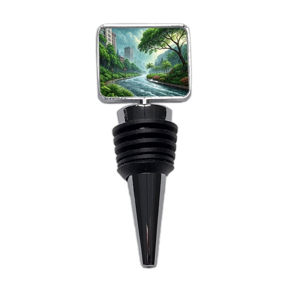 Heavy Monsoon Rain Storm City Landscape Wine Bottle Stopper Cap Plug