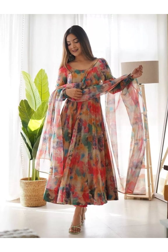 Sethi Trades Women's Heavy Pure Tabby Organza Silk Anarkali Gown with Lucknowi Belt and Dupatta – Party & Wedding Wear