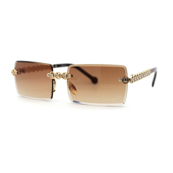 Heavy Rhinestone Chain Jewel Rimless OG Rapper Sunglasses Gold Brown