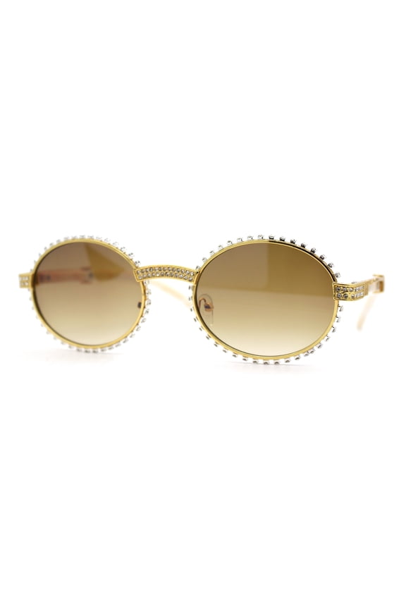 Heavy Rhinestone Trim OG Rapper Woodgrain Arm Oval Sunglasses Gold Beige Brown