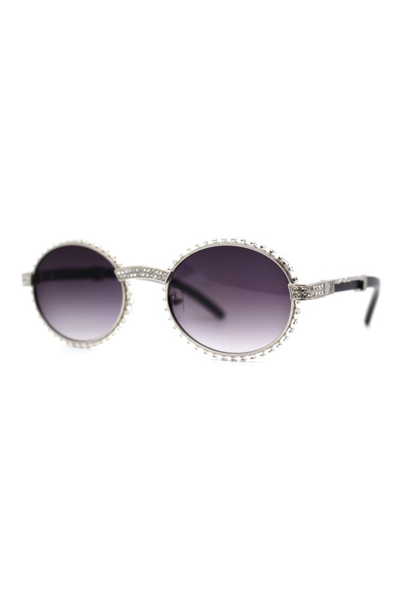 Heavy Rhinestone Trim OG Rapper Woodgrain Arm Oval Sunglasses Silver Black Smoke