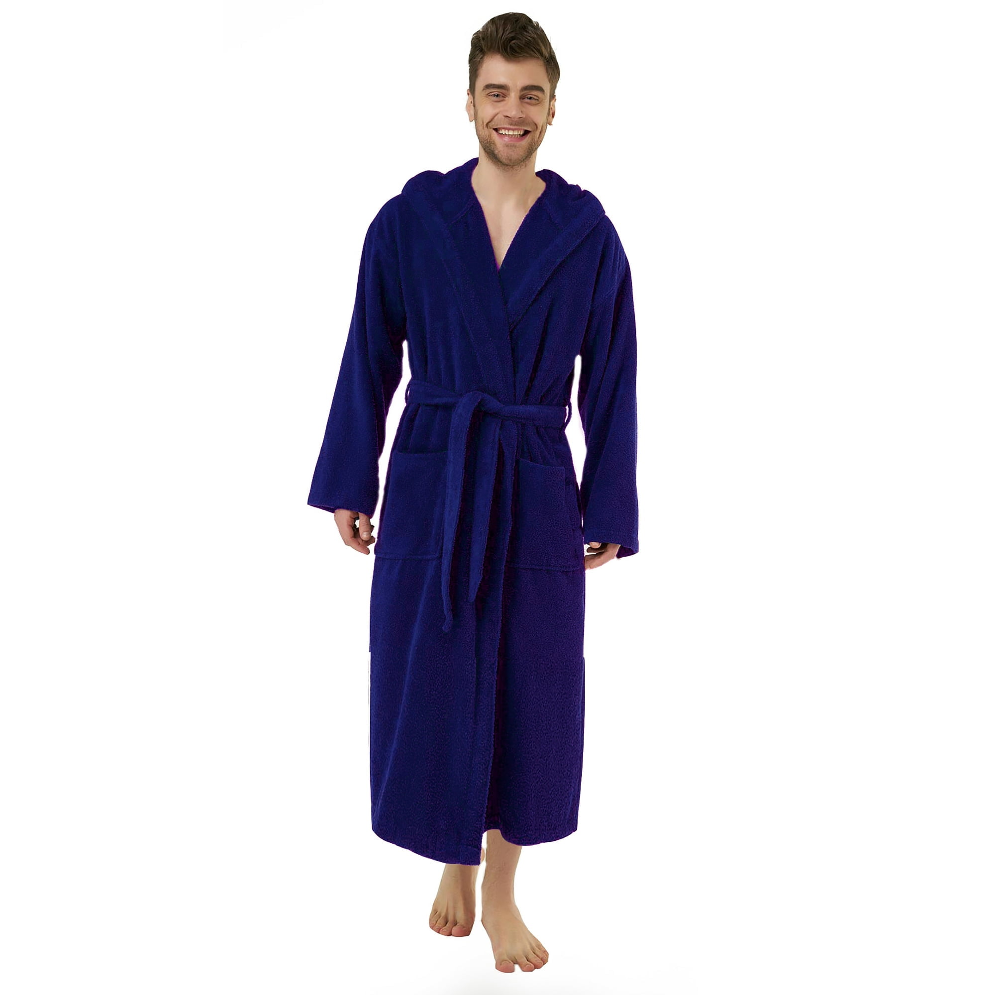 Heavy Royal Blue Hooded Bathrobe for Men. Adult XL, Full Length. Spa