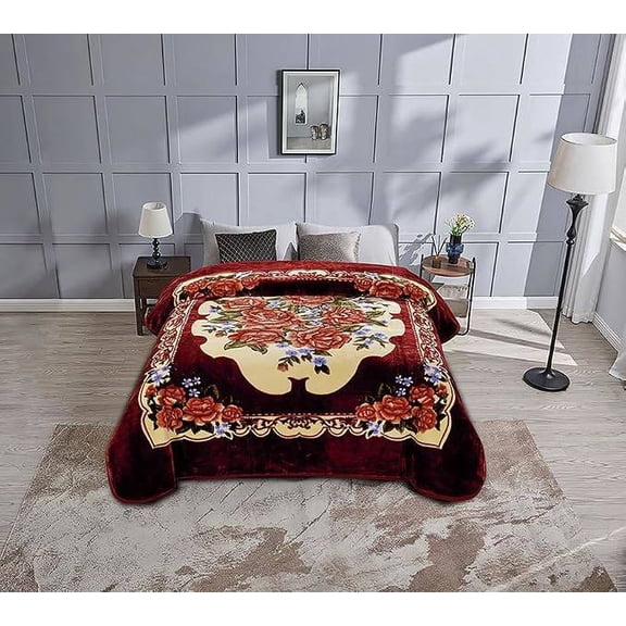 Heavy Single-Ply Korean-Style Faux Mink Blanket, Reversible 750GSM Plush Raschel Blanket, 85" x 95", Red Rose