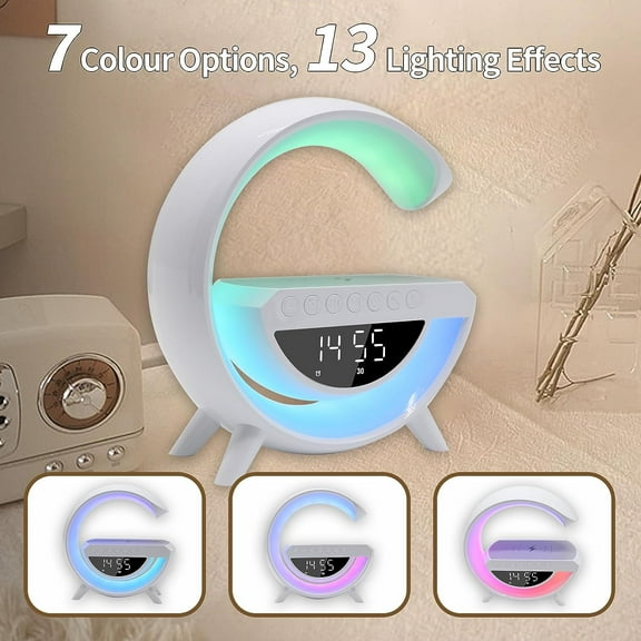 For Heavy Sleepers Living Bedroom Office Dorm Gift Kids Adults Alarm Clock with Wireless Charging, RGB Smart Light Bar Sunrise Dimmable Table Lamp Sound Machine Wake Up Light, Bluetooth Speaker