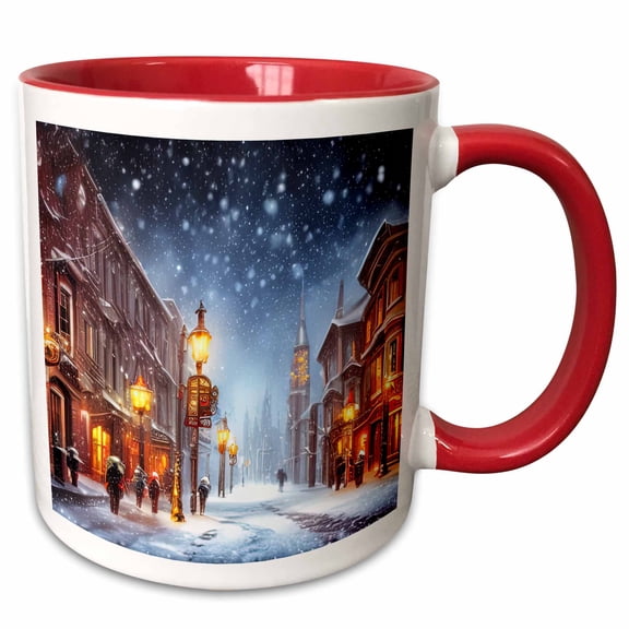 3drose, Heavy Snowfall Over a Fantastic City. People Go Along the Street., 15oz Two-tone Red Mug