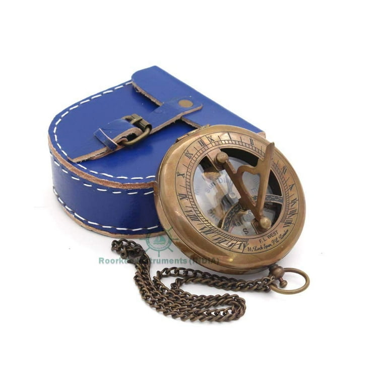 Solid Brass Nautical Pocket Sundial Compass with Cover and Leather Case Solid Brass Nautical Pocket Sundial Compass with Cover and Leather Case