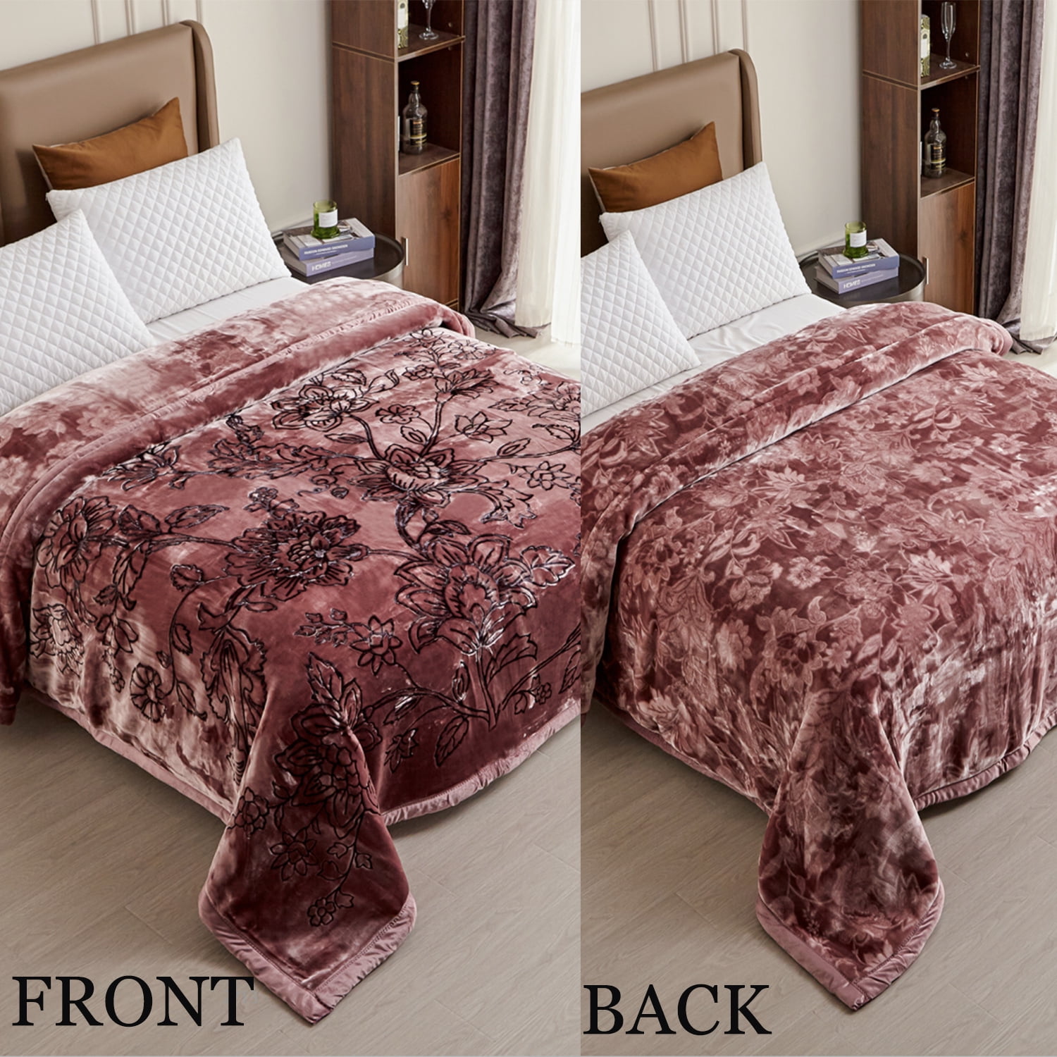 Heavy Thick Fleece Blanket King Size, 10.5lbs,2 Ply A & B Pattern Silky Soft Warm Reversible Raschel Winter Blanket, Minky Soft Plush Blanket for Sofa Bed, 87"x94", Red Bean Paste Floral