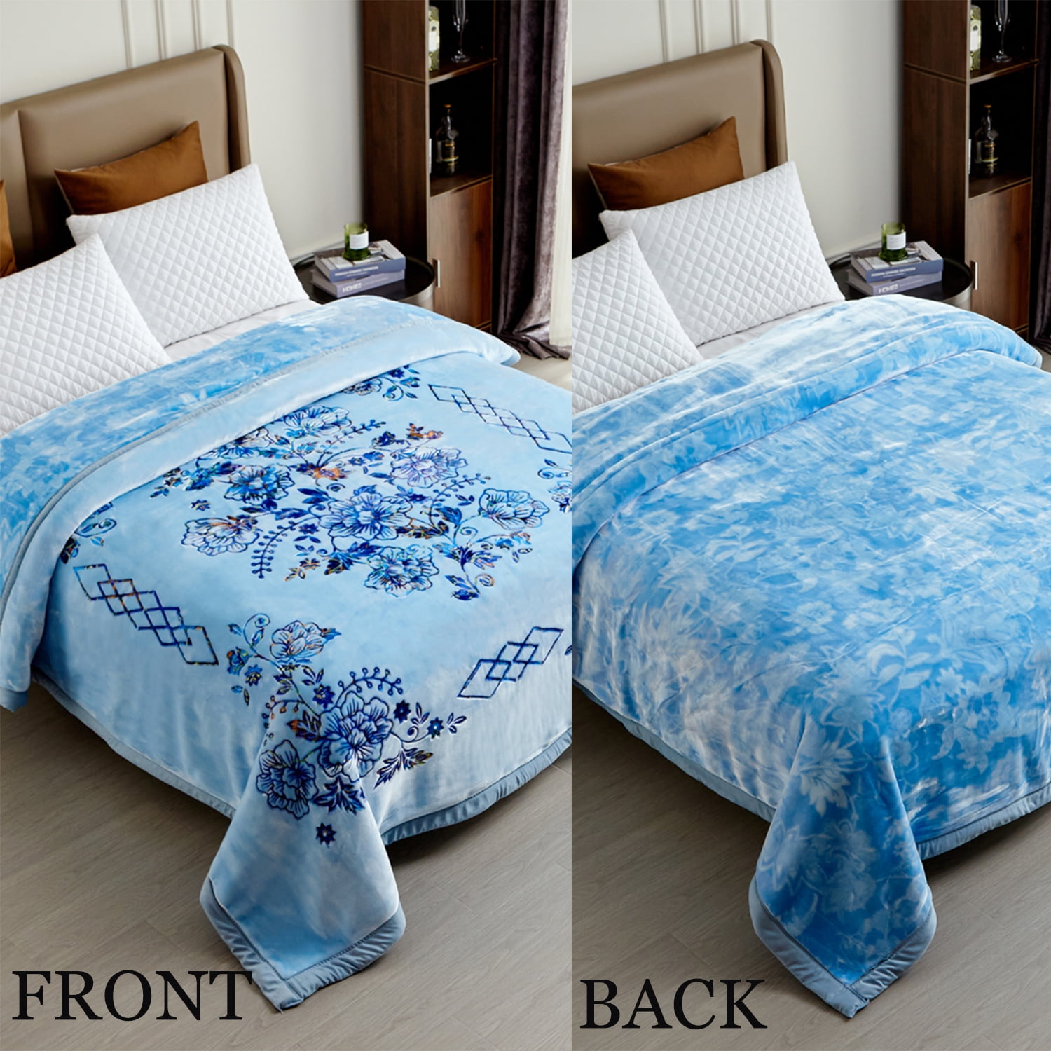 Heavy Thick Fleece Blanket King Size, 10.5lbs,2 Ply A & B Pattern Silky Soft Warm Reversible Raschel Winter Blanket, Minky Soft Plush Blanket for Sofa Bed, 87"x94", Light Blue Floral
