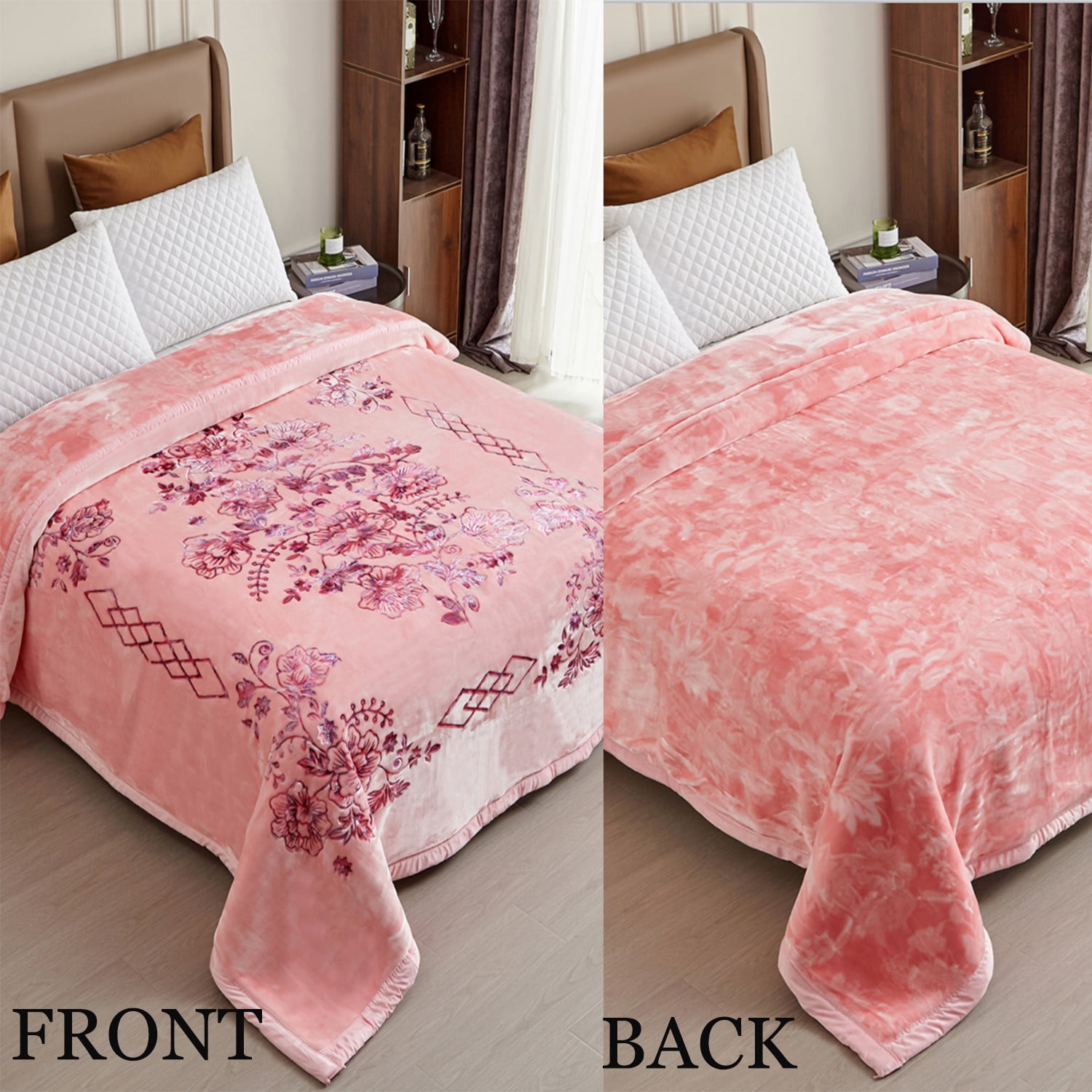 Heavy Thick Fleece Blanket King Size, 10.5lbs,2 Ply A & B Pattern Silky Soft Warm Reversible Raschel Winter Blanket, Minky Soft Plush Blanket for Sofa Bed, 87"x94", Pink Floral