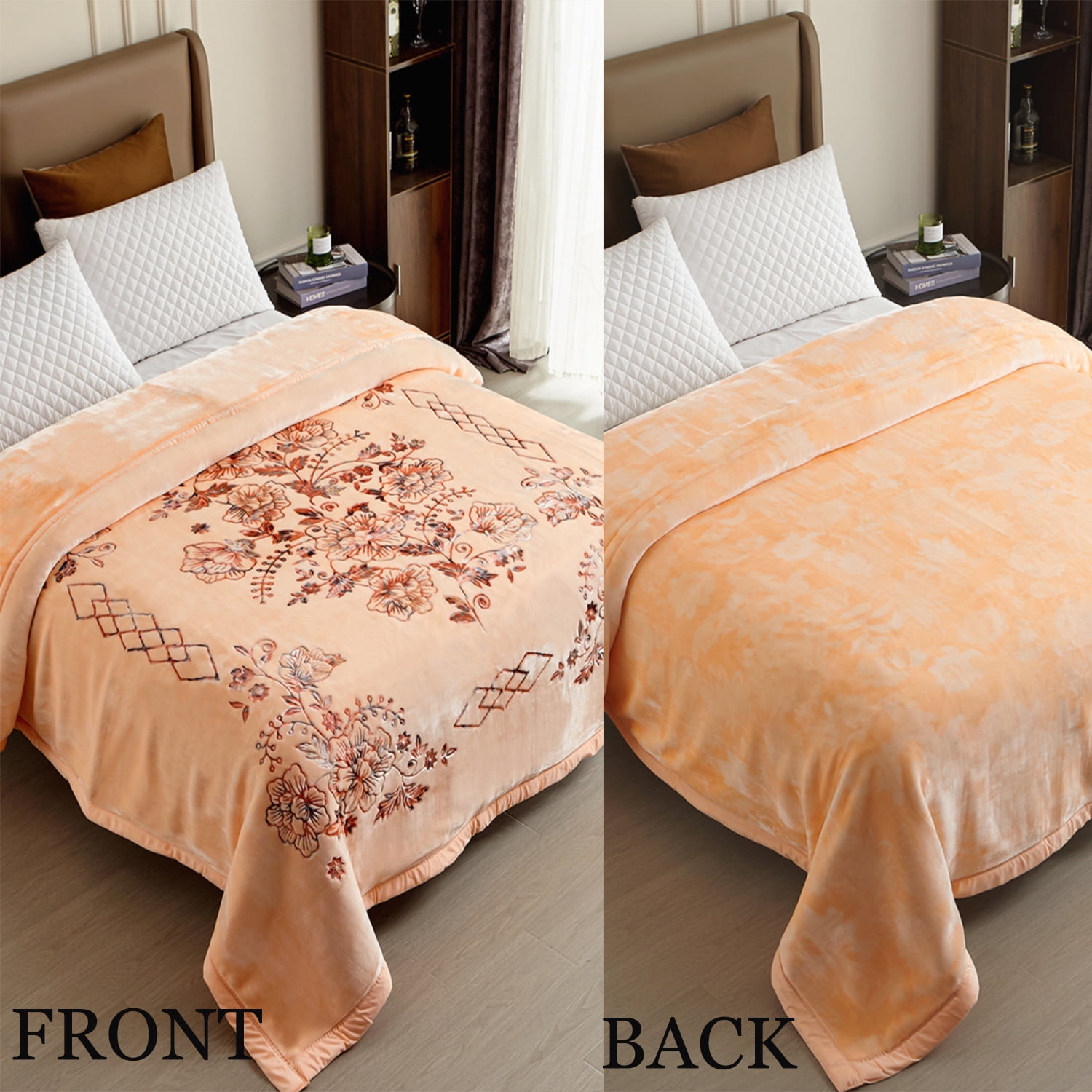 Heavy Thick Fleece Blanket King Size, 10.5lbs,2 Ply A & B Pattern Silky Soft Warm Reversible Raschel Winter Blanket, Minky Soft Plush Blanket for Sofa Bed, 87"x94", Beige Floral