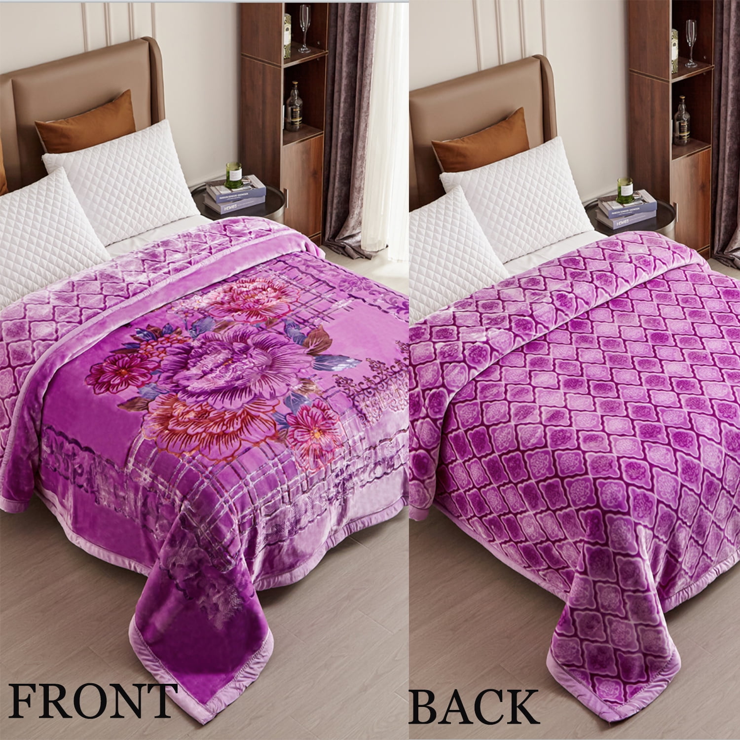 Heavy Thick Fleece Blanket King Size, 10.5lbs,2 Ply A & B Pattern Silky Soft Warm Reversible Raschel Winter Blanket, Minky Soft Plush Blanket for Sofa Bed, 87"x94", Purple Floral