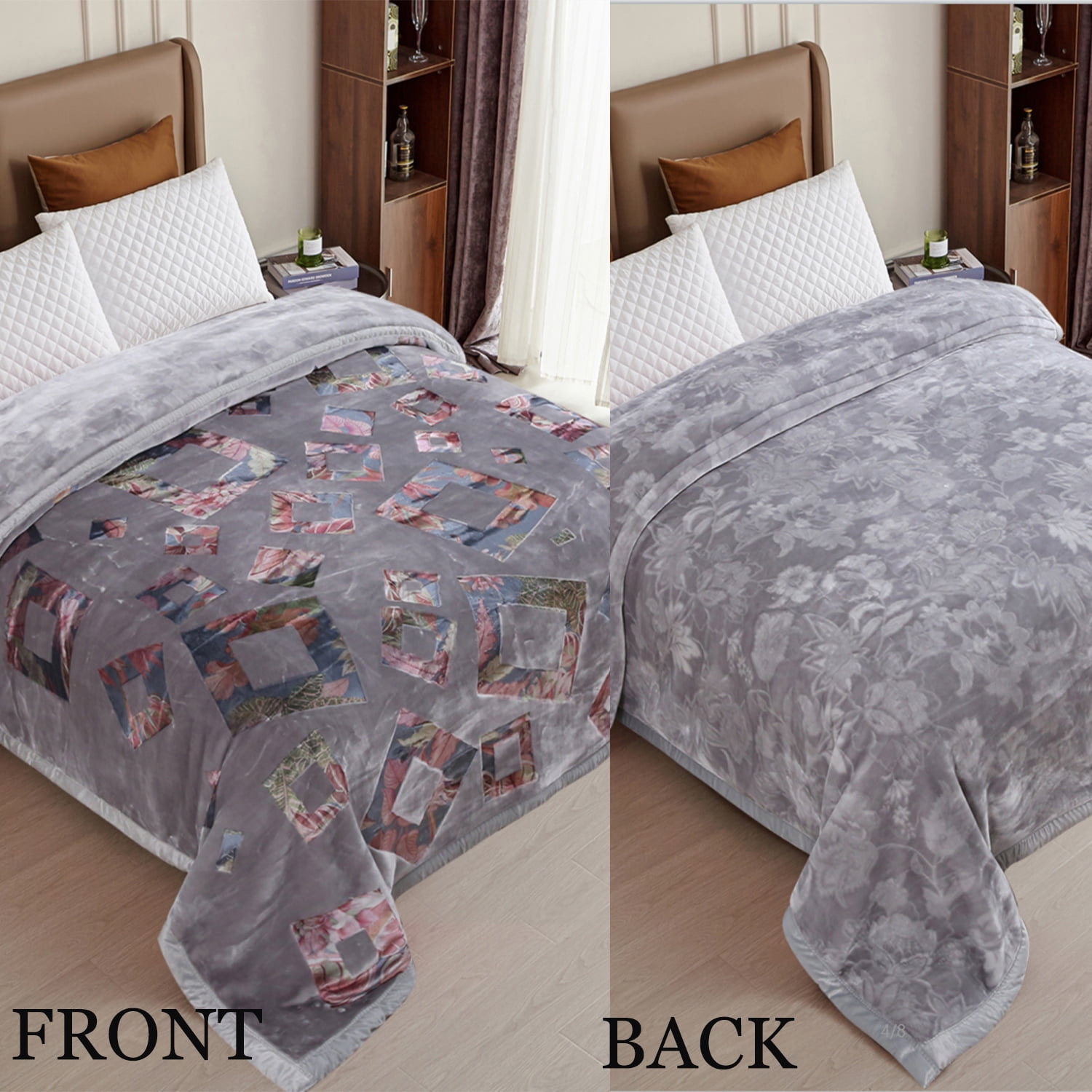 Heavy Thick Fleece Blanket King Size, 10.5lbs,2 Ply A & B Pattern Silky Soft Warm Reversible Raschel Winter Blanket, Minky Soft Plush Blanket for Sofa Bed, 87"x94", Gray