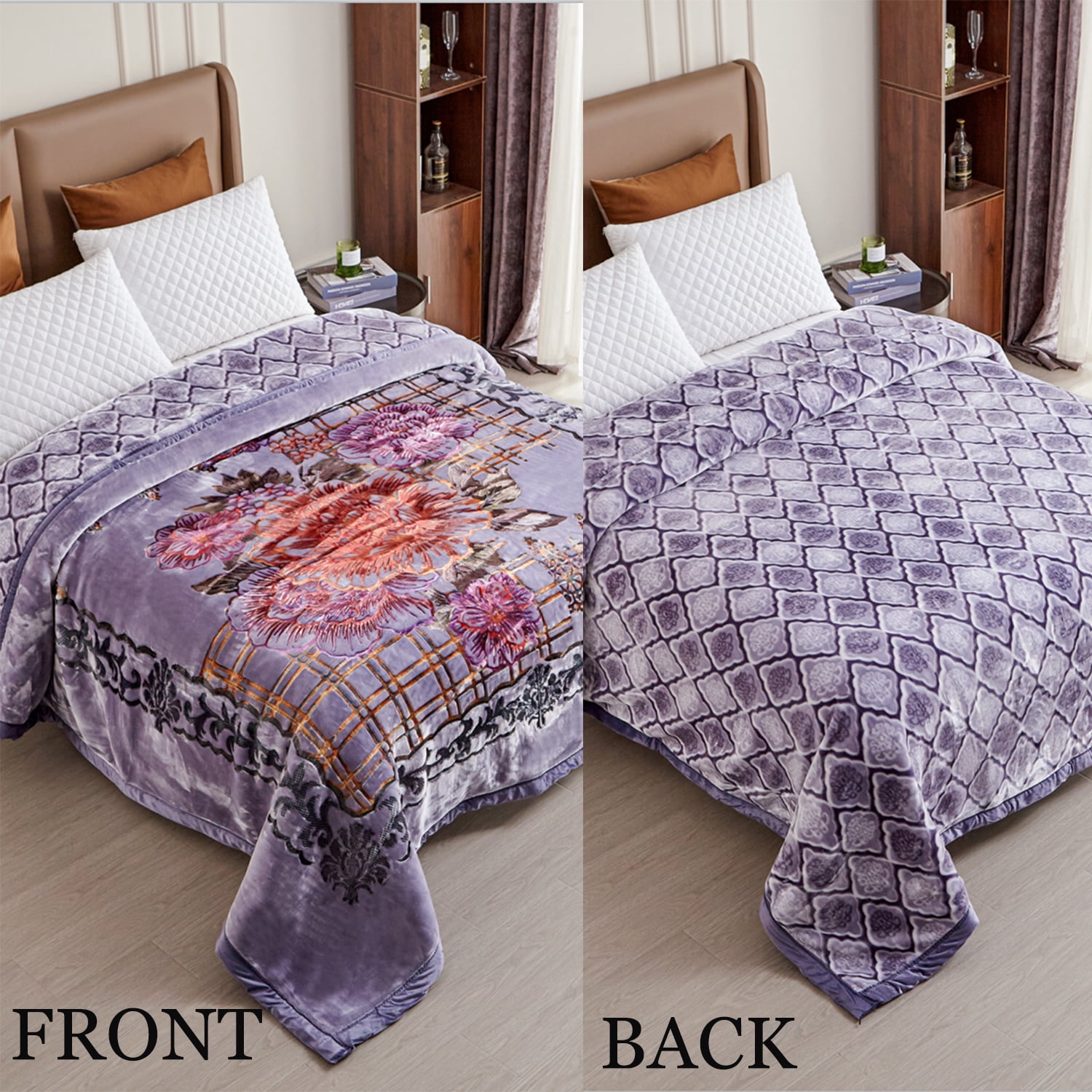 Heavy Thick Fleece Blanket King Size, 10.5lbs,2 Ply A & B Pattern Silky Soft Warm Reversible Raschel Winter Blanket, Minky Soft Plush Blanket for Sofa Bed, 87"x94", Navy Grey Floral