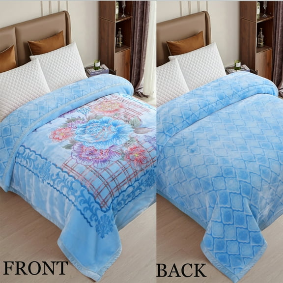 Heavy Thick Fleece Blanket King Size, 10.5lbs,2 Ply A & B Pattern Silky Soft Warm Reversible Raschel Winter Blanket, Minky Soft Plush Blanket for Sofa Bed, 87"x94", New Light Blue Floral