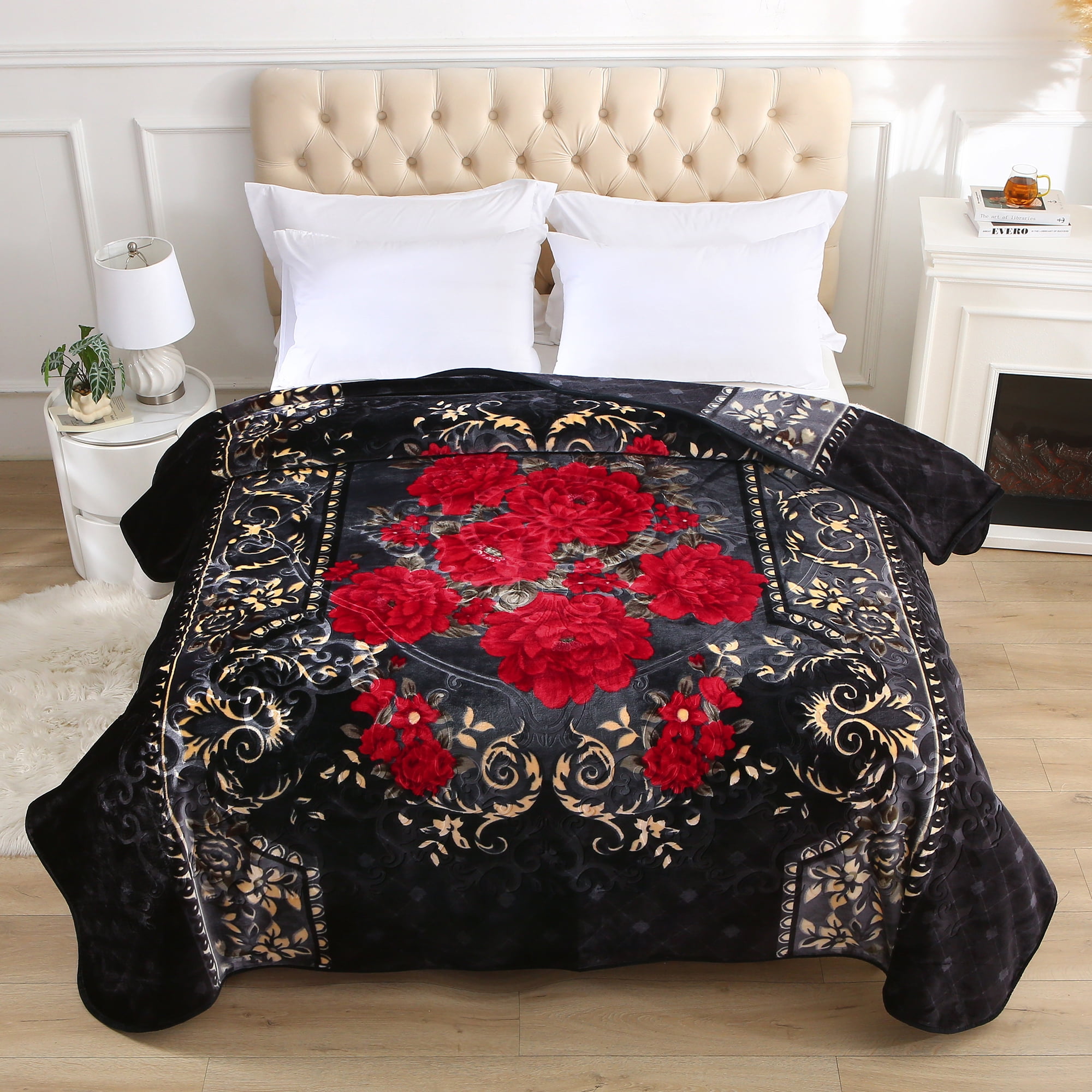 Heavy Thick Fleece Blanket King Size, 9lbs,1 Ply Silky Soft Warm Flower Embossed Raschel Winter Blanket, Minky Soft Plush Blanket for Sofa Bed, 85"x95", Black & Burgundy Floral