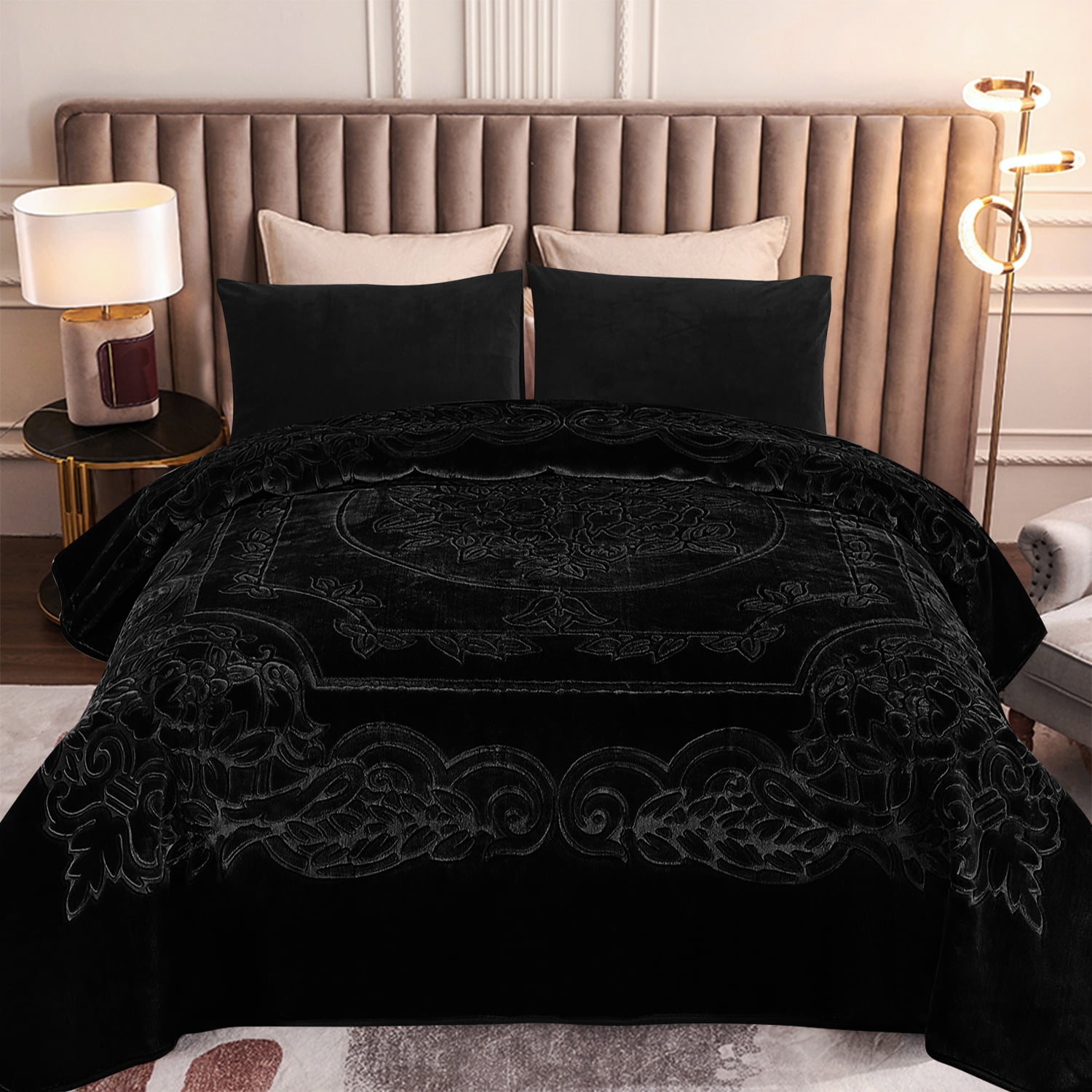 Heavy Thick Fleece Blanket King Size, 9lbs,1 Ply Silky Soft Warm Flower Embossed Raschel Winter Blanket, Minky Soft Plush Blanket for Sofa Bed, 85"x95", Black