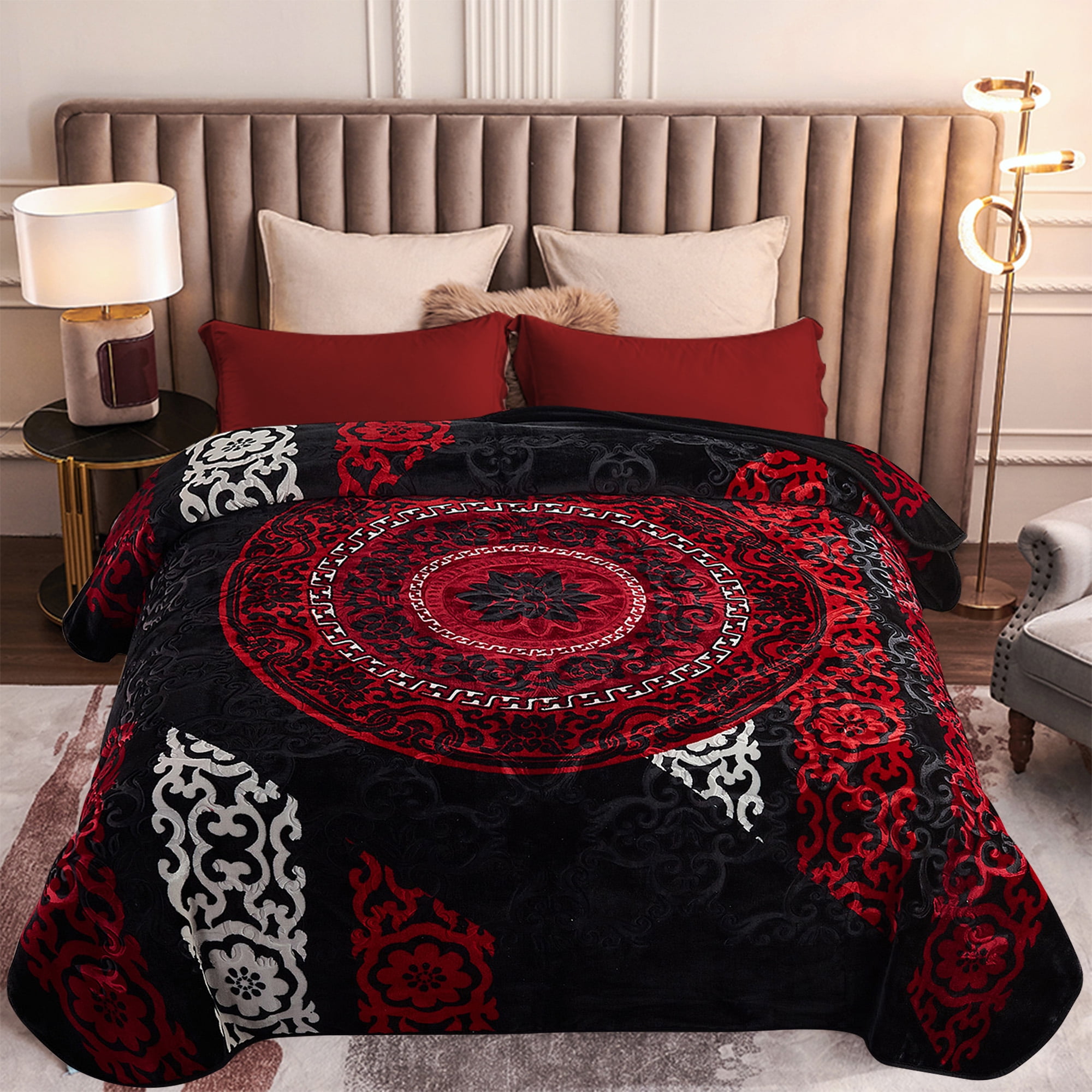 Heavy Thick Fleece Blanket King Size, 9lbs,1 Ply Silky Soft Warm Flower Embossed Raschel Winter Blanket, Minky Soft Plush Blanket for Sofa Bed, 85"x95", Black & Red