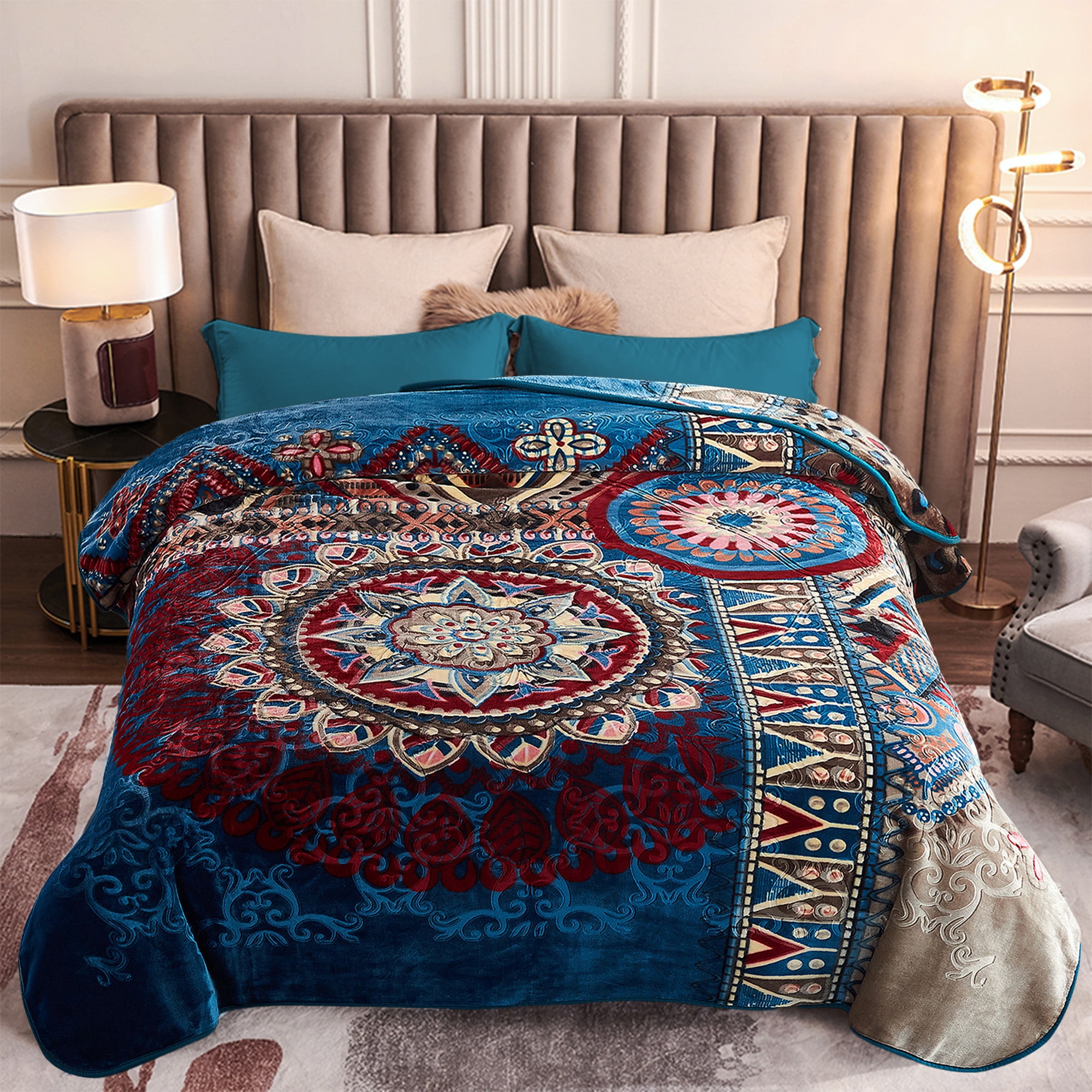 Heavy Thick Fleece Blanket King Size, 9lbs,1 Ply Silky Soft Warm Flower Embossed Raschel Winter Blanket, Minky Soft Plush Blanket for Sofa Bed, 85"x95", Blue & Wine Red